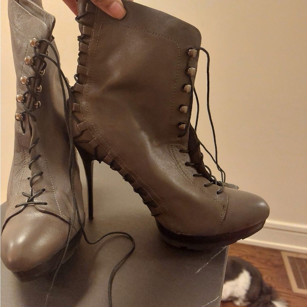 Mea Shadow Brown Heeled Boots with Lace-Up Design